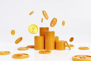 Golden dollar coins fall on white background. concept of financial exchange rates Funds and Profits photo