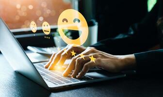 Customer review satisfaction feedback survey concept. Business people rate service experience and product quality or staff friendliness and overall value for the price. information, amend, improve photo