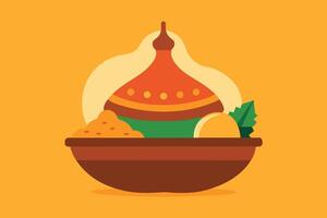 Iftar Ramadhan Menu Food On Traditional Tajine Vector Illustration