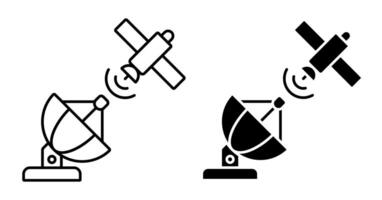 Linear icon. Satellite fly and transmit communication signal to radio antenna. Satellite communication and GPS navigation. Simple black and white vector