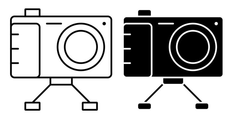Linear icon. camera on stand, equipment for photography and selfie. World Photography Day August 19th. Simple black and white vector