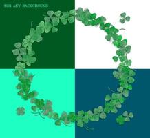 Realistic three and four leaf clover frame, wreath. Clover leaf with dew drops. Holiday symbol, mascot. Vector for any background color