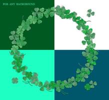 Realistic three and four leaf clover frame, wreath. Clover leaf with dew drops. Holiday symbol, mascot. Vector for any background color