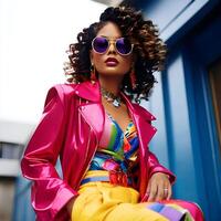 AI generated Attractive woman with glasses wearing a colorful outfit reflecting 80s fashion. Generative AI photo