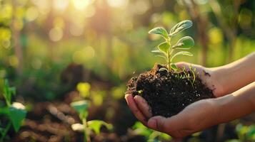 ai generado tierra día - manos participación joven brote planta árbol en naturaleza antecedentes. eco ambiente escena de sustentabilidad agricultura cuidado con Copiar espacio foto