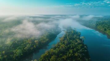 ai generado río en selva paisaje desde zumbido vista. verde selva escena de naturaleza y agua corriente - aéreo ver de hermosa Amazonas ambiente foto