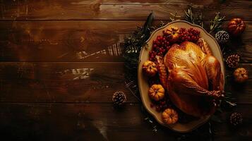 AI generated Thanksgiving Turkey on Rustic Wooden Table with Copy Space. Flatlay, Top View, Dinner, American, Festive, Party, Celebrate, Chicken, Meal, Decoration, Christmas, Meat, Roast photo