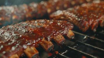 AI generated Close Up of Juicy BBQ Ribs in Smoker. Food, Grill, Cooking, Grilled, Smoked, Meat, Barbecue, Beef, Rib, Closeup, Delicious, Cook photo