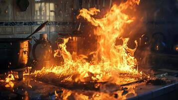 AI generated Fire in Kitchen. Flame, Accident, Disaster, Indoor, Insurance, Dangerous, Danger, Wreckage, Fireman, Fire Engine, Heat, Inferno photo