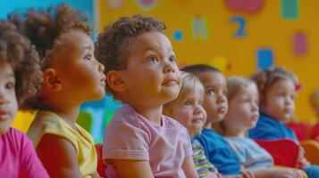 AI generated Cute Diverse Group of Toddlers Sitting in Classroom and Looking in Awe. Kid, Child, Children, Student, Diversity, Inclusion, Equality, Equity, Belonging, DEIB, Fun, Happy, Enjoy photo