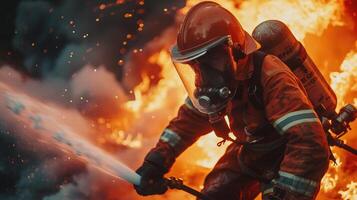 AI generated Firefighter Using Water and Extinguisher to Fighting with Fire Flame in Emergency Situation. Fireman, Danger, Burn, Rescue, Flames, Hero, Job, Person, People, Mask, Coat, Brave photo