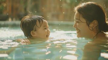 ai generado contento madre y niño jugando en piscina juntos. agua, nadar, nadar, niños, familia, verano, divertido, bebé, chico, gente, mamá, húmedo, hijo, chapoteo, pareja, alegría, sonrisa, azul, pequeño foto