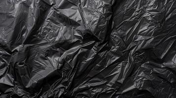 AI generated Wrinkled Plastic Wrap Texture on Black Background. Waste, Transparent, Texture, Wrinkle, Effect, Package, Crumple photo