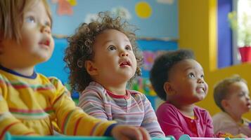 ai generado linda diverso grupo de niños pequeños sentado en salón de clases y mirando en temor. niño, niño, niños, alumno, diversidad, inclusión, igualdad, equidad, pertenencia, deib, divertido, feliz, disfrutar foto