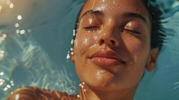 ai generado rociado desollado mujer toma el sol en alegría de verano. hermosa rostro, piscina, húmedo, piel, retrato, belleza, de cerca, protección de la piel, estilo de vida, vacaciones, mar, sensualidad, verano, al aire libre, Fresco foto