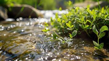 ai generado hermosa primavera detallado cerca arriba corriente de Fresco agua con joven verde plantas. bandera, primavera, exterior, salvaje, naturaleza, fondo, planta, fluir, fluido, escenario, ecología foto