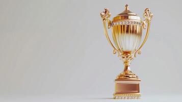 ai generado dorado premio trofeo en blanco antecedentes. aislado, ganador, oro, de primera calidad, competencia, premio, victoria, primero, brillante, campeonato, rango, símbolo, honor, de primera calidad, tener éxito, juego foto