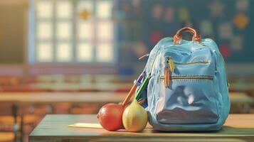 ai generado mochila en el clase antecedentes. escuela, bolsa, llevar, fondo, maleta, conocimiento, estudiar, aprender, colega, jardín de infancia, equipaje, estudiante foto