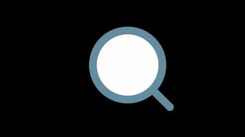 Magnifying glass or search icon, flat vector graphic on isolated background. Video footage animation looping. Transparent alpha lock.