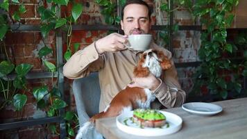 A man drinks coffee and pets his dog while sitting in a cafe. dog friendly establishments video