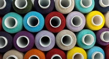 rollos de multicolor hilos para sastres trabajando en el prenda bordado sector foto
