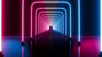 astratto neon video, volante inoltrare attraverso rettangolare corridoio, lungo tunnel, apparendo raggiante rosa blu piazza forme, ultravioletto spettro video