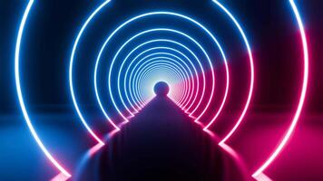 3d render, flight inside tunnel, neon light abstract background, round arcade, portal, rings, circles, virtual reality, ultraviolet spectrum, laser show, fashion podium, stage, floor reflection video