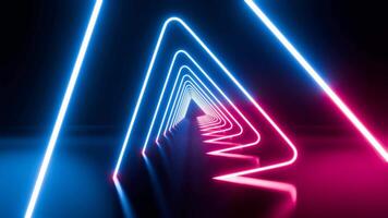 abstract neon background, flying forward through triangular corridor, tunnel, appearing glowing pink blue shapes, ultraviolet spectrum video