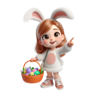 AI generated Little girl in an Easter bunny costume with basket looks up in surprise isolated on PNG background.