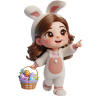 AI generated Little girl in an Easter bunny costume with basket looks up in surprise isolated on PNG background