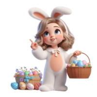 AI generated Little girl in an Easter bunny costume with basket looks up in surprise isolated on PNG background