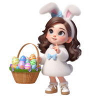 AI generated Little girl in an Easter bunny costume with basket looks up in surprise isolated on PNG background.