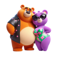 AI generated couple of bears in love in beachwear hug each other isolated on PNG background.