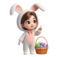 AI generated Little girl in an Easter bunny costume with basket looks up in surprise isolated on PNG background