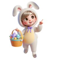 AI generated Little girl in an Easter bunny costume with basket looks up in surprise isolated on PNG background.