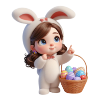 AI generated Little girl in an Easter bunny costume with basket looks up in surprise isolated on PNG background.