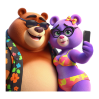 AI generated couple teddy bears in love wearing black fashionable sunglasses takes a selfie isolated on PNG background.