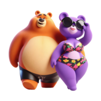 AI generated couple of bears in love in beachwear hug each other isolated on PNG background.