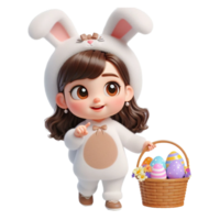 AI generated Little girl in an Easter bunny costume with basket looks up in surprise isolated on PNG background.