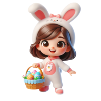 AI generated Little girl in an Easter bunny costume holds an Easter basket with chocolate eggs isolated on PNG background.