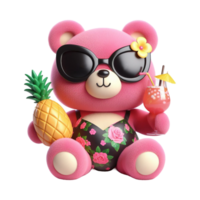 AI generated Funny pink teddy bear in black sunglasses and swimsuit holding tropical cocktail isolated on PNG background.