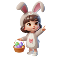 AI generated Little girl in an Easter bunny costume with basket looks up in surprise isolated on PNG background