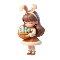 AI generated Little girl in a bunny costume hugs an Easter basket with chocolate eggs isolated on PNG background.