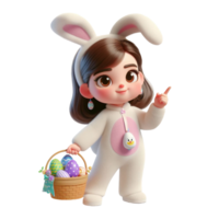 AI generated Little girl in an Easter bunny costume with basket looks up in surprise isolated on PNG background.