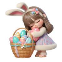 AI generated Little girl in a bunny costume hugs an Easter basket with chocolate eggs isolated on PNG background.