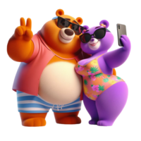 AI generated couple teddy bears in love wearing black fashionable sunglasses takes a selfie isolated on PNG background.