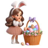 AI generated Little girl in bunny costume looks in surprise at an basket with chocolate eggs isolated on PNG background.