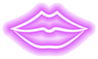 Neon glowing lips shining vibrant bright woman lips, love kiss icon with transparent background png