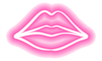 Neon glowing lips shining vibrant bright woman lips, love kiss icon with transparent background png