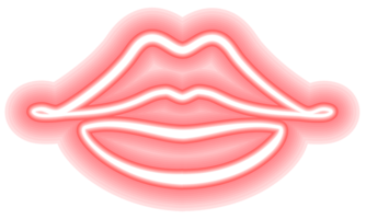 Neon glowing lips shining vibrant bright woman lips, love kiss icon with transparent background png